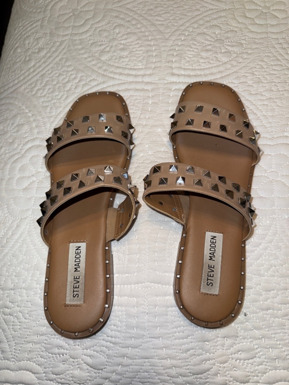 Steve Madden Beige Studded Double-Strap Slide Sandals